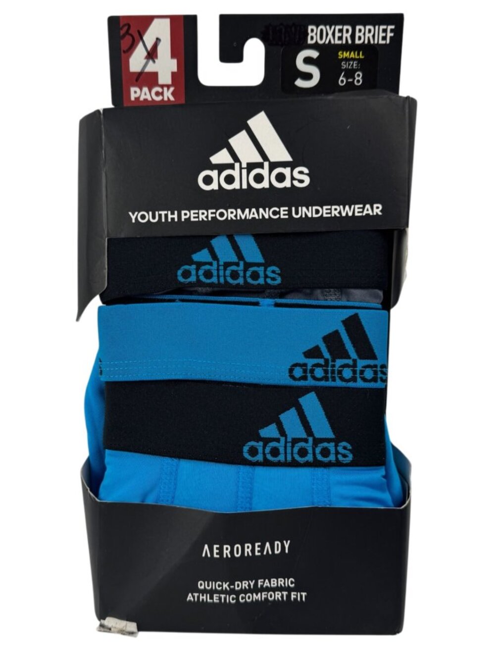 adidas NEW 3-Pack Youth Performance Underwear Boxer Brief SM 6-8 Teal Grey Black